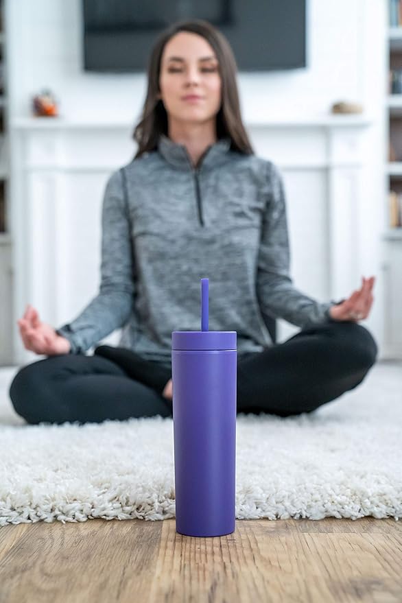 STRATA CUPS Purple Skinny Tumblers with Lids and Straws (12 pack) - 16oz Double Wall Acrylic Tumbler, Tall Matte Skinny Tumblers, Bulk with Free Straw Cleaner, Reusable Cups - Bloomnest