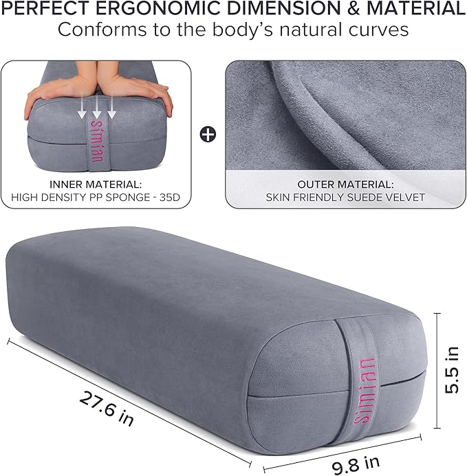 Simian Premium Meditation Bolster - Rectangular Support Cushion with Velvet Cover, Washable, for Restorative & Yin Yoga