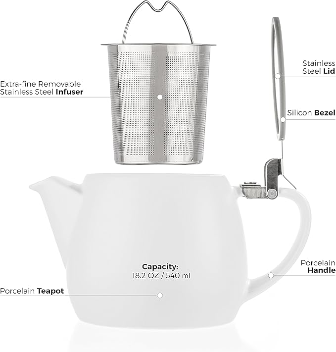 Tealyra - Pluto Porcelain Small Teapot White - 18.2-ounce (1-2 cups) - Matte Finish - Stainless Steel Lid and Extra-Fine Infuser To Brew Loose Leaf Tea - 540ml - Bloomnest