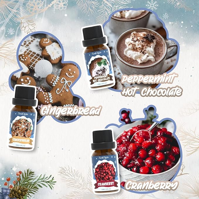 Winter Essential Oils Set, Fragrance Oil Gift Set for Oil Diffusers, Scented Oils for Soap 6x10ml - Forest Pine, Spiced Apple Cider, Cinnamon, Mint Hot Chocolate, Gingerbread, and Cranberry - Bloomnest