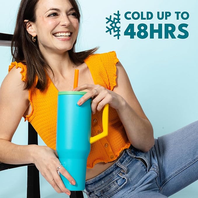 Elemental 40 oz Tumbler with Handle and Straw - Spill Proof Insulated Stainless Steel Commuter for Hot and Cold Beverages - Travel Coffee Mug with 2 Straws & Spill Proof Lid - 40oz - Blue Lagoon - Bloomnest