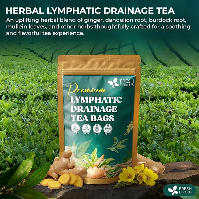 FreshDrinkUS, Lymphatic Drainage Tea | 30 Tea Bags | Herbal Tea Bags with Ginger, Dandelion Root, Burdock Root, Mullein, Calendula, Lemongrass, Rose, Licorice & Tulsi – Caffeine-Free Herbal Blend - Bloomnest