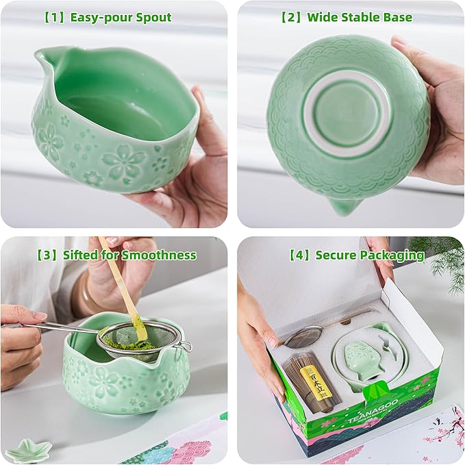 TEANAGOO Matcha Whisk Set,7 Pcs Matcha Set Blue Green,Ceremony Matcha Kit,Matcha Tea Set for Making Latte,Ceramic Bowl(chawan) whith Spout and Whisk,Gift for Matcha Lovers - Bloomnest