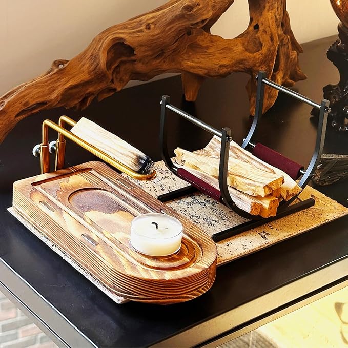 3-in-1 Palo Santo Holder & Burner – Wooden Base Sage Holder with Metal Frame for Palo Santo Sticks, Aromatherapy, Meditation & Smudging Rituals (3 in 1) Bloomnest