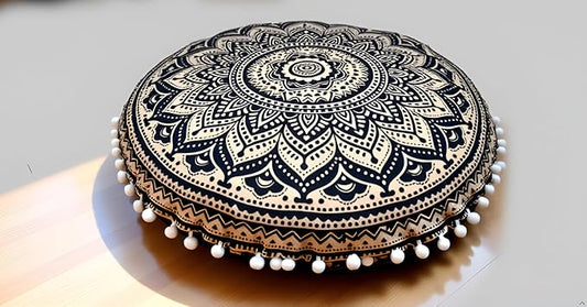 CRAFT KALA Boho Large Floor Pillow Pouf Cover Mandala Meditation Room Pillow Cover for Adults Round Bohemian Seating Pouf Cushion Cover for Kids Playroom 22" Black Gold Ombre - Bloomnest