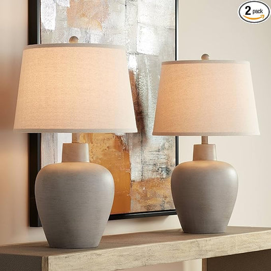 Regency Hill Glenn Rustic Country Cottage Style Table Lamps 27" Tall Set of 2 Southwest Urn Neutral Fabric Drum Shade Decor for Living Room Bedroom House Bedside Nightstand Home Office - Bloomnest