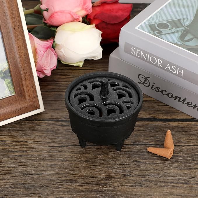 JUXYES Vintage Tripod Incense Burner Holder with Lid, Cast Iron Incense Holder Metal Cauldron Censer Antique Cone Coil Incense Burner Holder for Incense Resins, Cones, Charcoal or Wax Melts - Bloomnest
