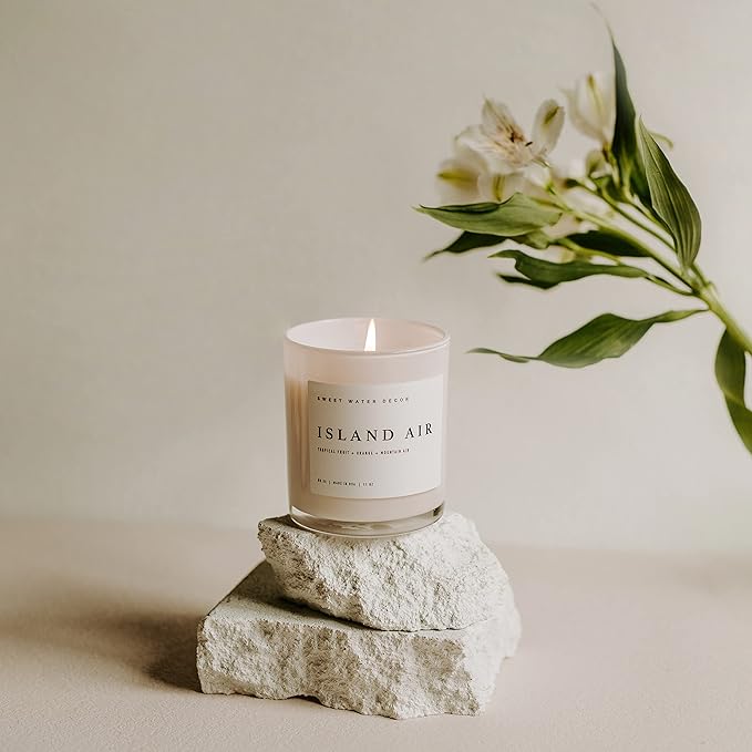Sweet Water Decor Island Air Soy Candle - Tropical Fruit, Mountain Air, and Orange Scented Summer Candles for Home - 11oz White Glass Jar + Wood Lid, 50+ Hour Burn Time, Made in The USA - Bloomnest