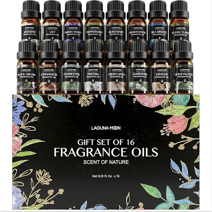 Lagunamoon Fragrance Oil Collection - Premium 16 Piece Gift Set for Diffusers, DIY Candle Making Supplies, Soap Scents, Slime - Aromatherapy Essential Oil Set for Home, Office, Car & Yoga Room LagunaMoon