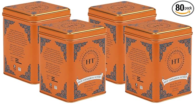 Harney & Sons Black Tea, 20 Sachets, Pack of 4 | Hot Cinnamon Sunset | Caffeinated | Orange and Cloves | Tin Packaging - Bloomnest