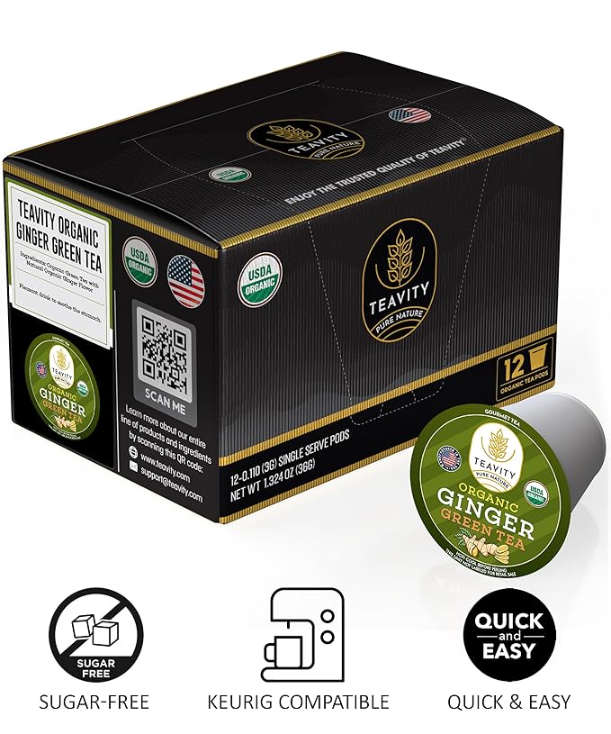 Green Tea & Ginger Tea Pods for Keurig - Caffeinated, Organic, Dye Free, Unsweetened, Herbal Blend for K Cup Machines - Hot or Iced (24 Tea Pods) - Bloomnest