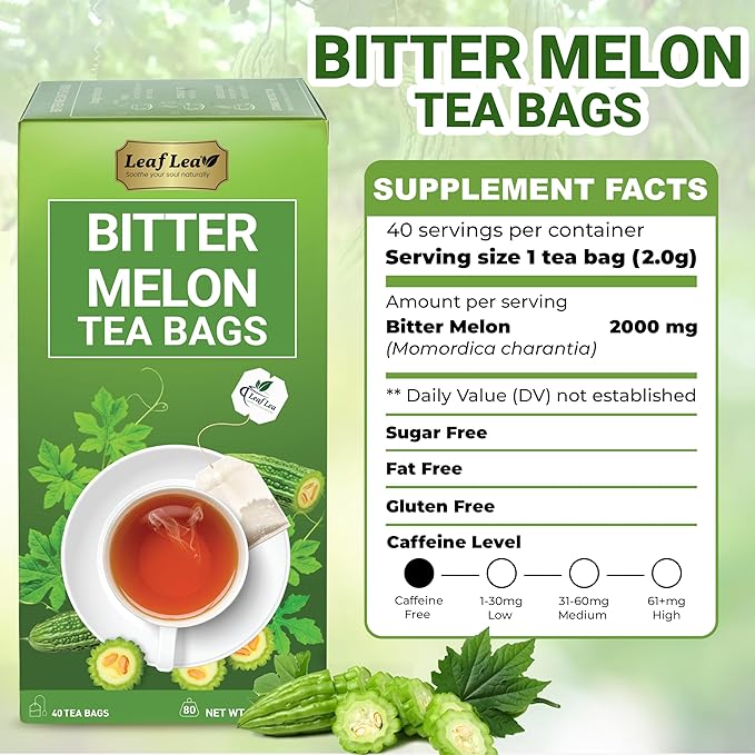 LeafLea 120 Bitter Melon Tea Bags, 100% Pure Bitter Melon Fruit. Supports Wellness and Digestion | Caffeine-Free, Sugar-Free, Vegan, Pack of 3 - Bloomnest