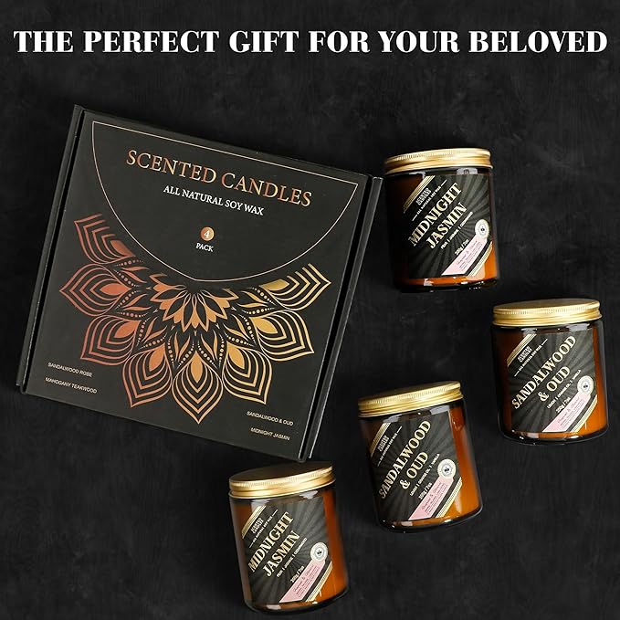 Men Candles, 4 Pack Scented Candle Set - 28oz 300 Hours Long Lasting Candles for Home Scented, Gifts for Men, Birthday, Christmas Day, Anniversary,Jasmin/Oud/Sandalwood/Mahogany - Bloomnest