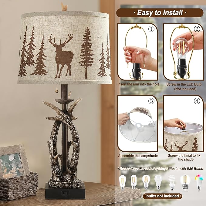 Farmhouse Deer Antler Table Lamps Set of 2 Rustic Western Bedside Lamp with USB A+C & Outlet for Log Cabin Bedroom Hunting Themed Livig Room End Table Cottage Home Decor,Deer Print Linen Fabric Shade - Bloomnest