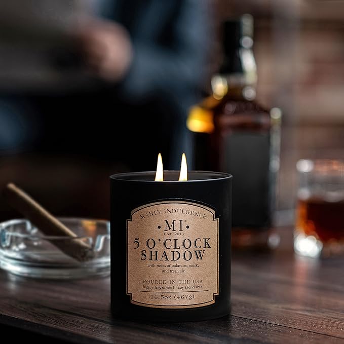 Manly Indulgence 5 O'Clock Shadow Scented Candle for Men 16.5 oz | 2 Wick & 2X Intense Fragrance | Oakmoss, Musk & Fresh Air | Up to 60 Hour Burn, Soy Blend Wax, USA Poured, Black - Bloomnest