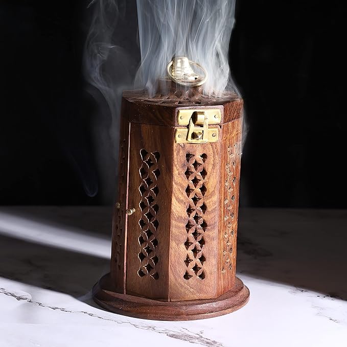 Bless-International Traditional-Handmade-Burner Wooden-Incense-Stick-Holder Ash-Catcher-Stand for-Aromatherapy-Meditation-Yoga (7 Inch Letter Box Wooden Charcoal/Cone) - Bloomnest