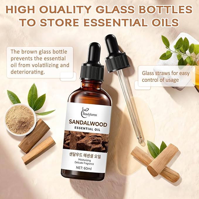 Sandalwood Essential Oil – Natural Premium Grade Aromatherapy Oil, Skin Care – Undiluted Therapeutic Oil with Dropper, 60ml Amber Glass Bottle OKADY
