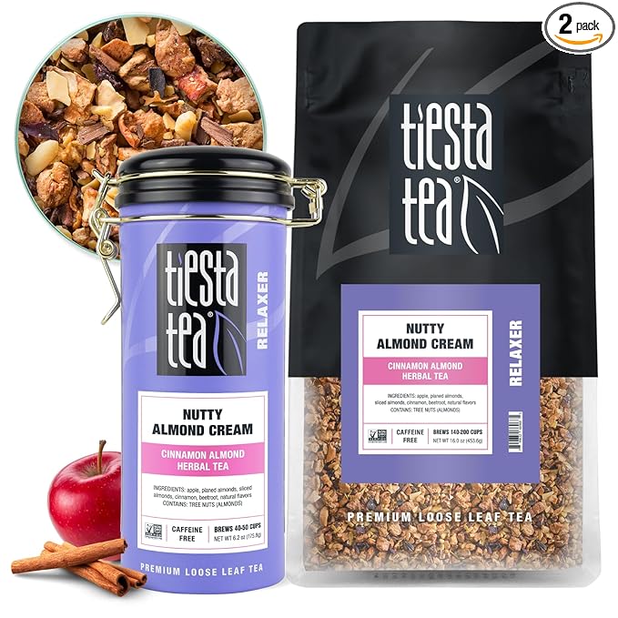 Tiesta Tea - Nutty Almond Cream, Premium Loose Leaf, Cinnamon Almond Herbal Tea Blend, Non-Caffeinated, Make Hot or Iced & Brews Up to 250 Cups, 16oz Bulk Pouch & 6.2oz Refillable Tin Combo - Bloomnest