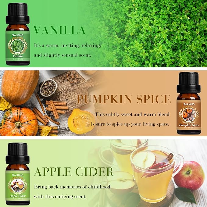 SALKING Autumn Fragrance Oils, Premium Fall Essential Oils for Diffuser, Scented Oils Gift Set for Soap Candle Making Scents - Cinnamon, Pumpkin Spice, Apple Cider, Vanilla, Forest Pine, Snickerdoodle - Bloomnest