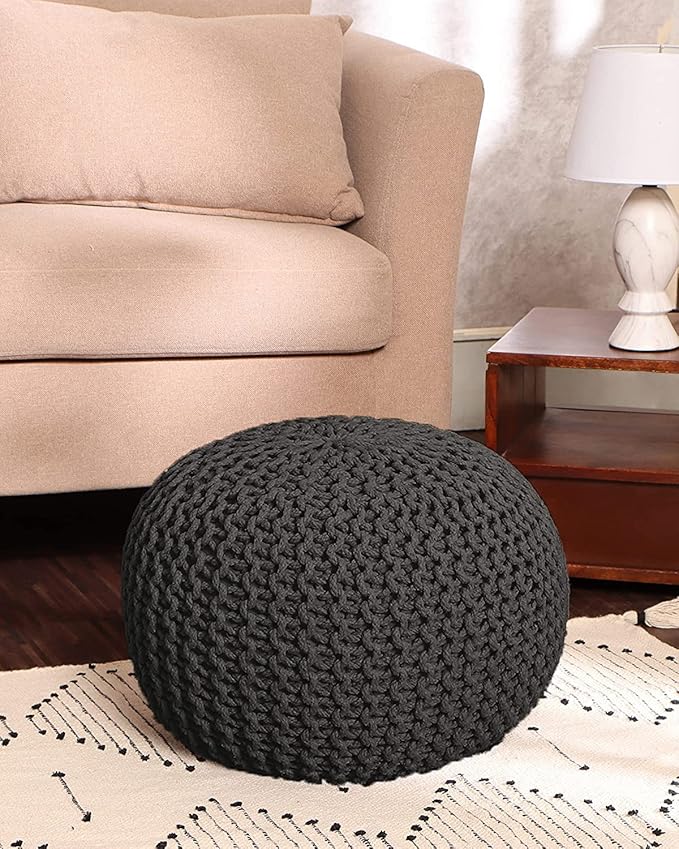 REDEARTH Round Pouf Foot Stool Ottoman - Cotton Hand Knitted Dori Pouffe - Cord Boho Home Décor - Stuffed Cable Poof for Living Room - Bedroom (19.5"x19.5"x14") - Dark Gray - Bloomnest