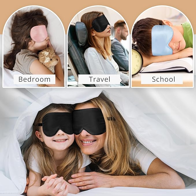 Silk Sleep Mask Eye Cover, 100% Real Natural Silk Eye Mask for Sleeping with Adjustable Strap, 100% Silk Filling Blindfold, Eye Shade for Kids/Teens/Adults, Sleeping Masks for Family (2 Black) - Bloomnest