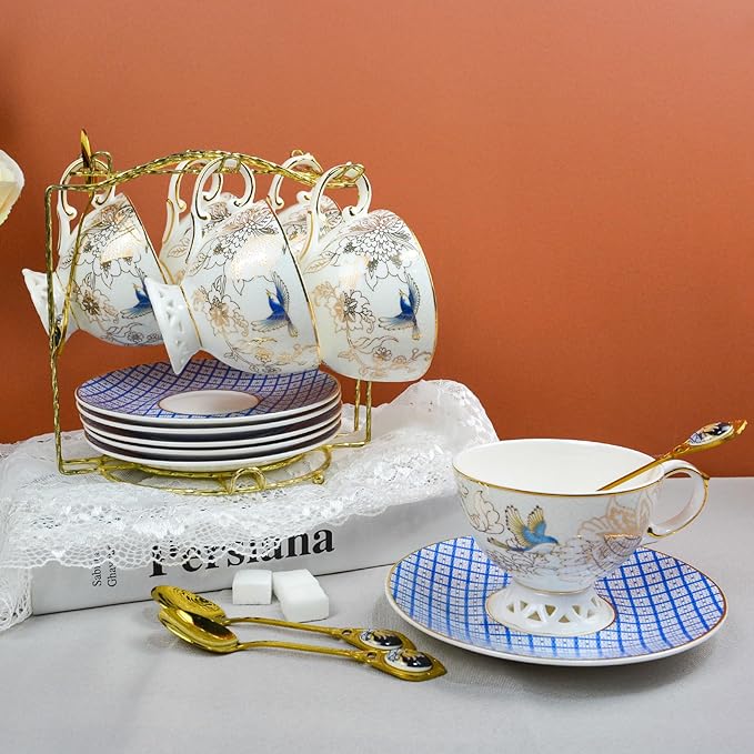 ACMLIFE Bone China Tea Cup and Saucer Set for 1, Vintage Floral Tea Cup with Saucer, Spoon and Gift Box, 6.8 oz (Blue B) - Bloomnest
