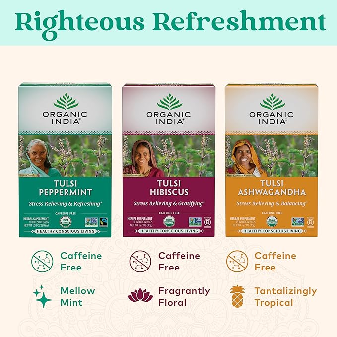 ORGANIC INDIA Tulsi Peppermint Tea - Caffeine Free Herbal Mint Tea - Stress Relieving Holy Basil, Immune & Digestion Support, Vegan, USDA Certified Organic, Fairtrade - 18 Infusion Bags, 3 Pack - Bloomnest