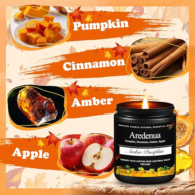 Amber Pumpkin Candle – Cozy Season Candle - Pumpkin Scented Candles for Home, Winter Holiday Soy Candles -7oz, Thanksgiving & Christmas Gift for Women Men - Bloomnest
