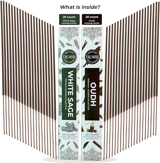 Trumiri Incense Sticks - Combo Pack of 40 Insence-Sticks - 20 White Sage + 20 Oud - Insenses - Insents - Incents - Inscense - Incence - Incienso - All Natural Incense Sticks TRUMIRI