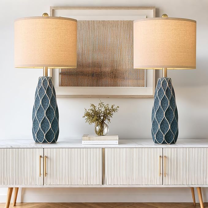 27.5" Ceramic Table Lamps for Living Room Bedroom Lamps Set of 2 Modern Boho Bedside Lamps Night Stands Farmhouse Vintage Large Nightstand Lamp Reading Light Home Office Dorm Desk Deco Gifts, Blue - Bloomnest