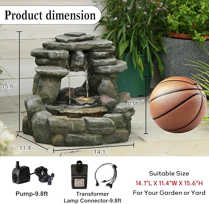15.6''H Small Rock Water Fountain Outdoor&Indoor, 3-Tier Garden Waterfall with Warm Lights and 2 Flows for Patio, Backyard, Deck, Porch, Home DéCor, Stone Gray - Bloomnest
