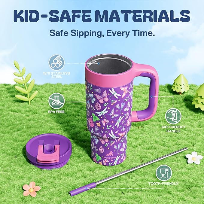 24 oz Insulated Tumbler for Kids: Spill-Proof, 2-in-1 Straw Lid, Cold for 26 Hrs, Stainless Steel Cup with Handle for School, Camping, Gift, Daily, Outdoor, Trip, Travel, Vacation (Butterfly Field) - Bloomnest
