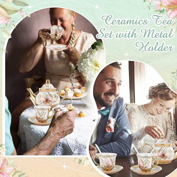 Zhehao 20 Pcs Porcelain Tea Set with Metal Holder and Spoon Adult Ceramic Tea Set European Flower Painting Teapot Cup Saucer Spoon for Women, Large Version(Traditional Style) - Bloomnest