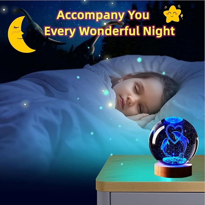 Dolphin Crystal Ball Lamp,3D 3.15 inch K9 Crystal Ball Night Light with Wooden Base Lamp for Room,Dolphin Light Gift,16 Colors Change with Remote Control (D) - Bloomnest