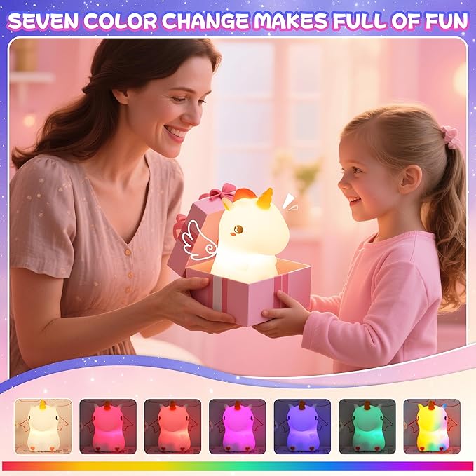 Night Light for Kids, Rechargeable Dimmable Silicone LED Nightlight with 7 Colors, Baby Nursery Night Lamp, Touch Squishy Lamp, Cute Gifts for Girls, Boys, Toddler Room Decor, Unicorn - Bloomnest