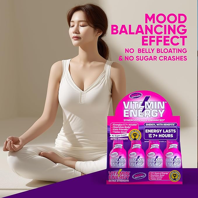 Vitamin Energy Mood+ Extra Strength Energy Shot Tropical Berry 48 Pack, 260mg Natural Caffeine, B-Vitamins, Rhodiola, Chamomile, Mood & Energy Support, Zero Sugar, Gluten-Free, Vegan, 1.93 fl oz - Bloomnest