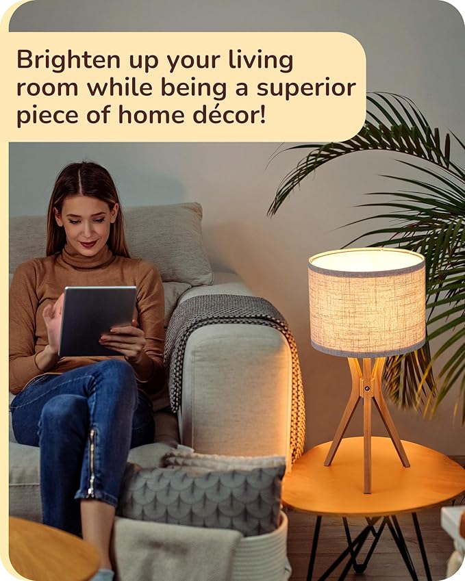 EDISHINE Tripod Table Lamp, 17.5" Modern Bedside Lamp with Natural Wood-Colored Lamp Legs & Beige Linen Lampshade, Boho Nightstand Lamp for Bedroom, Living Room, Reading Room, E26 Base - Bloomnest