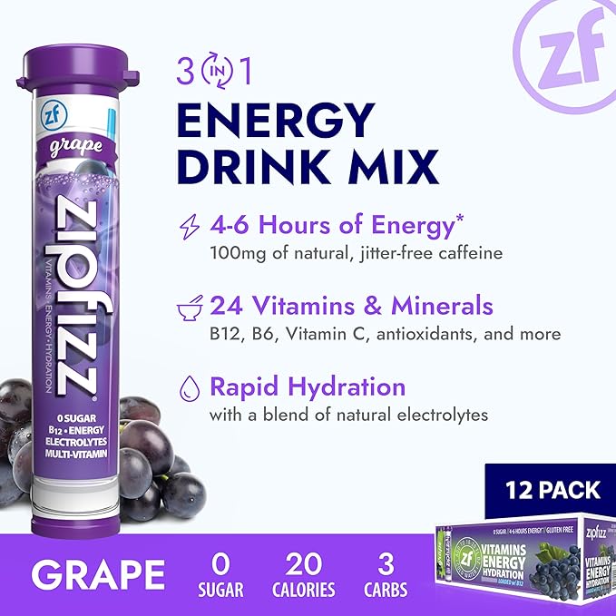 Zipfizz Daily Energy Drink Powder, Grape, 12 Pack | 3-in-1 Sustained Energy, Rapid Hydration, and Essential Vitamins | Sugar-Free | Electrolyte Powder | Contains Vitamin B-12 & Antioxidants - Bloomnest