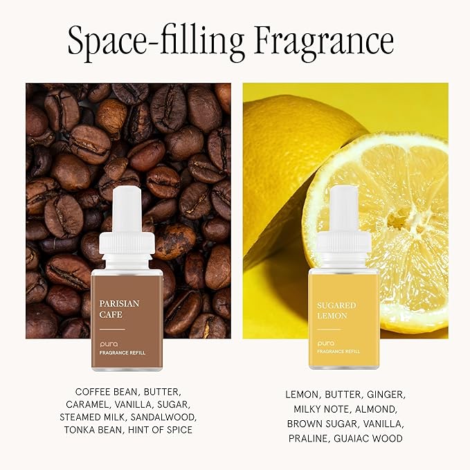 Pura - Smart Home Fragrance Device Starter Set - Pura 4 - Scent Diffuser for Home - Includes Fragrance Aroma Diffuser - Square Box, Parisian Cafe and Sugared Lemon Scent Refills - Bloomnest