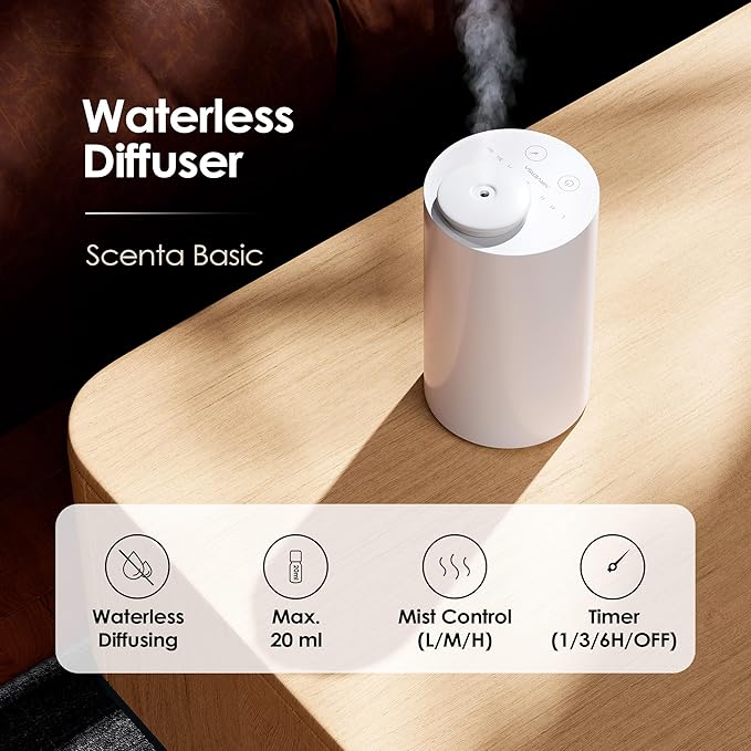 Airversa Waterless Diffuser for Essential Oil, Battery Operated Nebulizer, 0.7 Fl.Oz./ 20mL Capacity, Mini Scent Air Machine, 3 Countdown Timers & 3 Mist Levels for Home, Room, Car, Office - AN6 White - Bloomnest