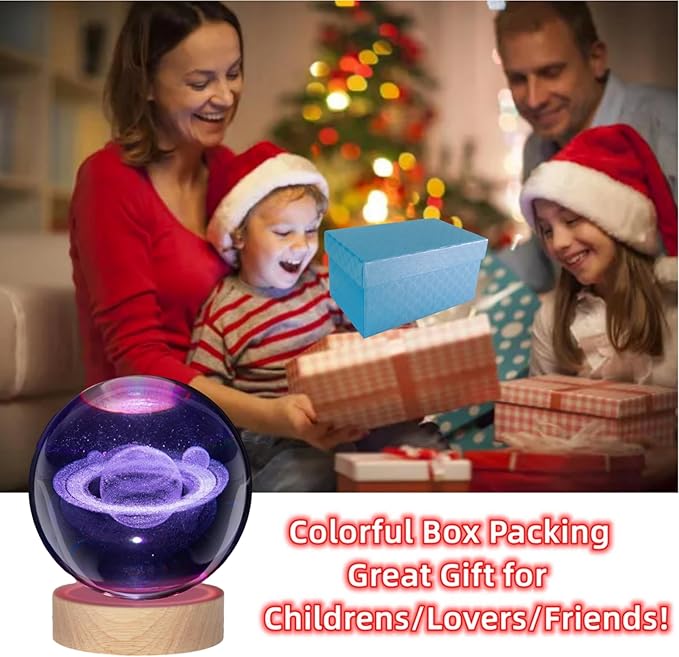 3D Large Saturn Crystal Ball Night Light with Wooden Base, Solar System Crystal Lamp Gift for Kids Wife Friends, 16 Color Changing with Remote Control, 3.15 inch Planet Glass Ball Lamp (Saturn) - Bloomnest