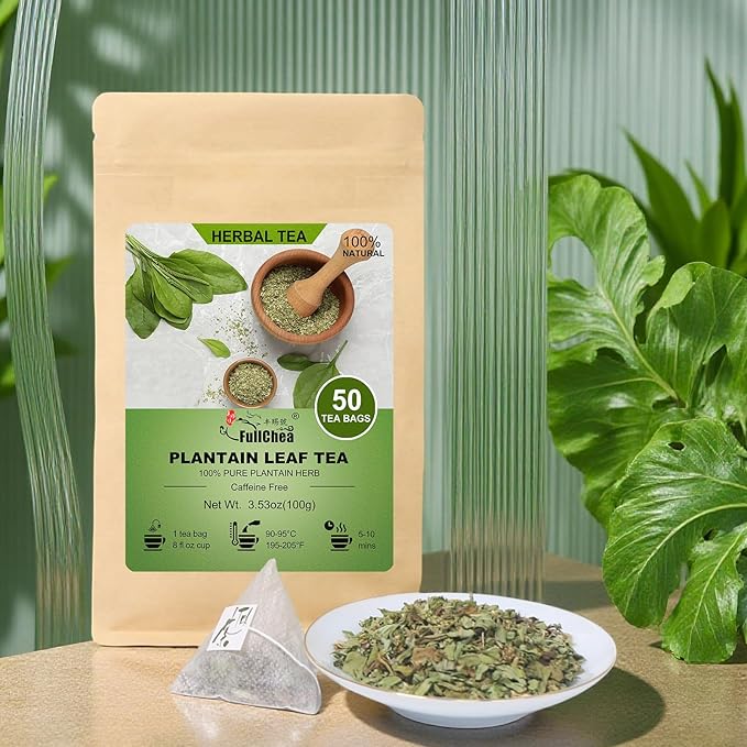 FullChea - Plantain Leaf Tea, 50 Teabags, 2g/bag - Whole Plantain Leaves - Plantago Major Herbal Tea - Non-GMO - Caffeine-free - Support Respiratory Health & Boost Immunity - Bloomnest