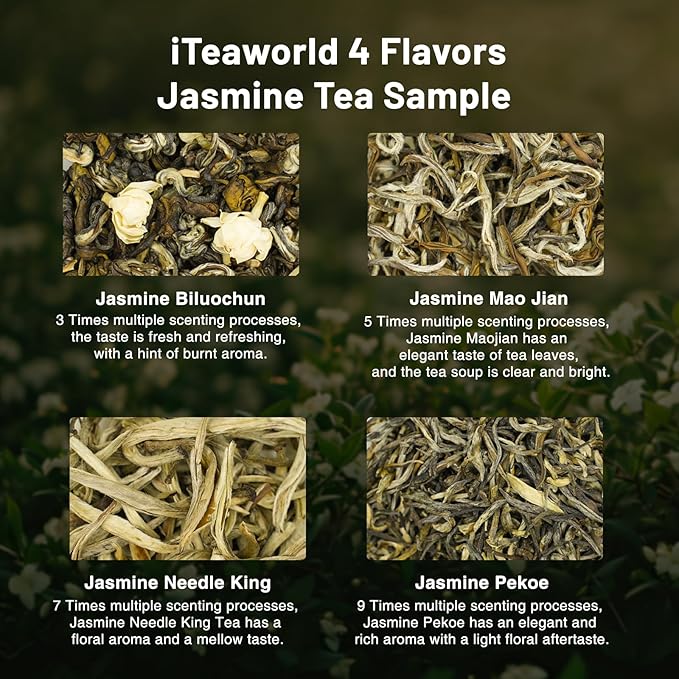 iTeaworld Jasmine Green Tea Loose Leaf Samplers Set, With Different Flowery Aromas, No Sweetener, Sweet After Taste, 4 Different Grades of Jasmine Tea Loose Leaf, 16 Pack/56g - Bloomnest