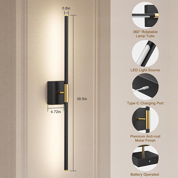 31.5 Inch Battery Operated Wall Sconce Set of Two, 8000mAh USB Rechargeable Wall Sconce with Remote Control, 360°Rotate Dimmable 3000K-6000K LED Wall Lights for Living Room, Hallway, Bedroom, (2 Pack) - Bloomnest