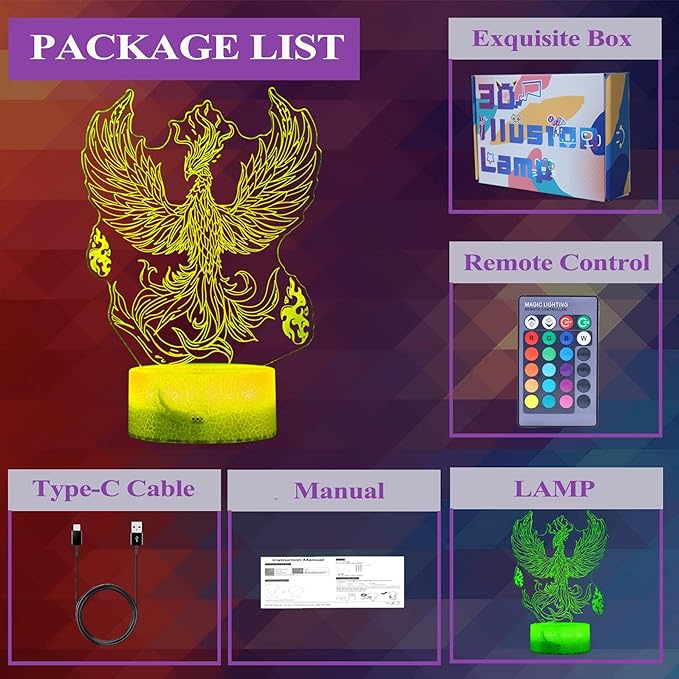 Phoenix Night Light, 3D Illusion Lamp, Phoenix Stuff with 16 Colors Changing, Remote Control, Dimmable, Kids Room Decoration, Xmas Holiday Gifts - Bloomnest