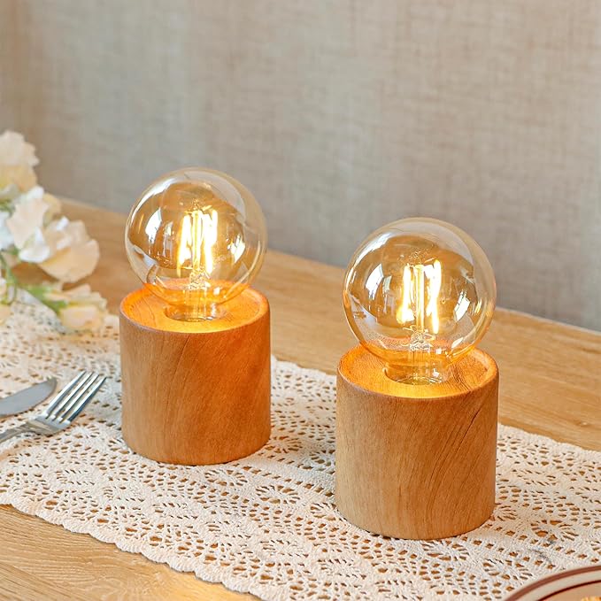 JHY DESIGN Set of 2 Wood Grain Table Lamp 6.5" Tall Cordless Lamp Light with Edison Style Bulb and 6 Hours Timer Battery Operated Lamp Great for Living Room Weddings Parties Patio Indoors Outdoors
