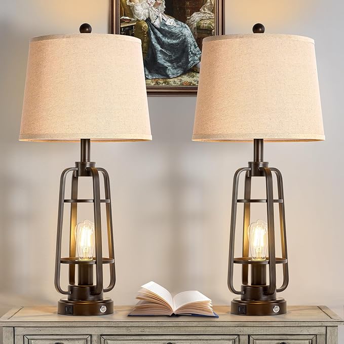 28.7" Table Lamps for Living Room Set of 2, Touch Lamps for Bedrooms with USB C+A Charging Ports, Farmhouse Lamps for Nightstands with Oil Rubbed Bronze Finish, Bulbs Included - Bloomnest