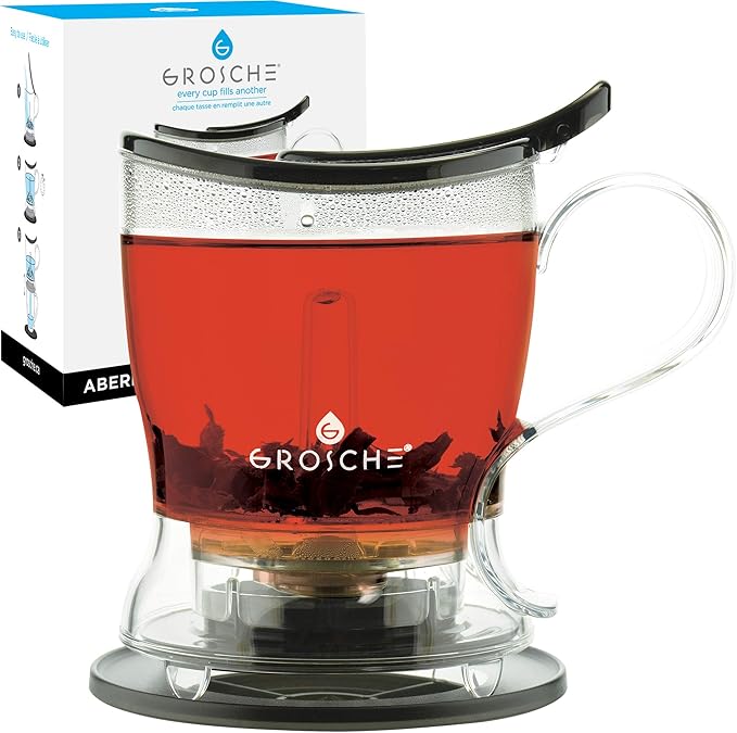 GROSCHE Aberdeen Tea Infuser Teapot & Smart Tea Maker - BPA-Free, Drip-Free Design | Coaster | Easy Brew | Easy Clean Steeper | Loose Leaf Brewing - Stylish Design | 17.7 oz - 525 ml - Black - Bloomnest