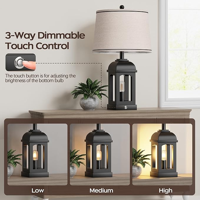 QiMH Table Lamp for Living Room, Farmhouse Lamps Set of 2 with USB A+C and Nightlight, 26" Rustic Bedside Lamps with 3-Way Dimmable Touch Control, Nightstand Lamp for Bedroom Decor, Black - Bloomnest