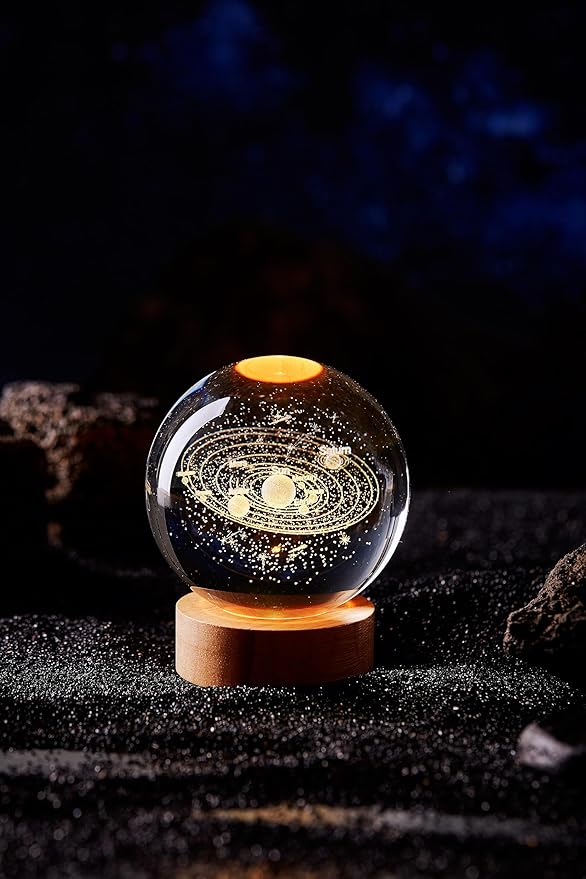 3D Large Solar System Crystal Ball Night Light with Wooden Base, Galaxy Crystal Lamp Gift for Kids Wife Friends, 16 Color Changing with Remote Control, 3.15 inch Planet Glass Ball Lamp (Solar System) - Bloomnest